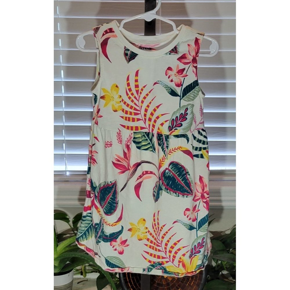 Old Navy Girls Pink Yellow White Floral Tropical Sleeveless Summer Dress 4 4T